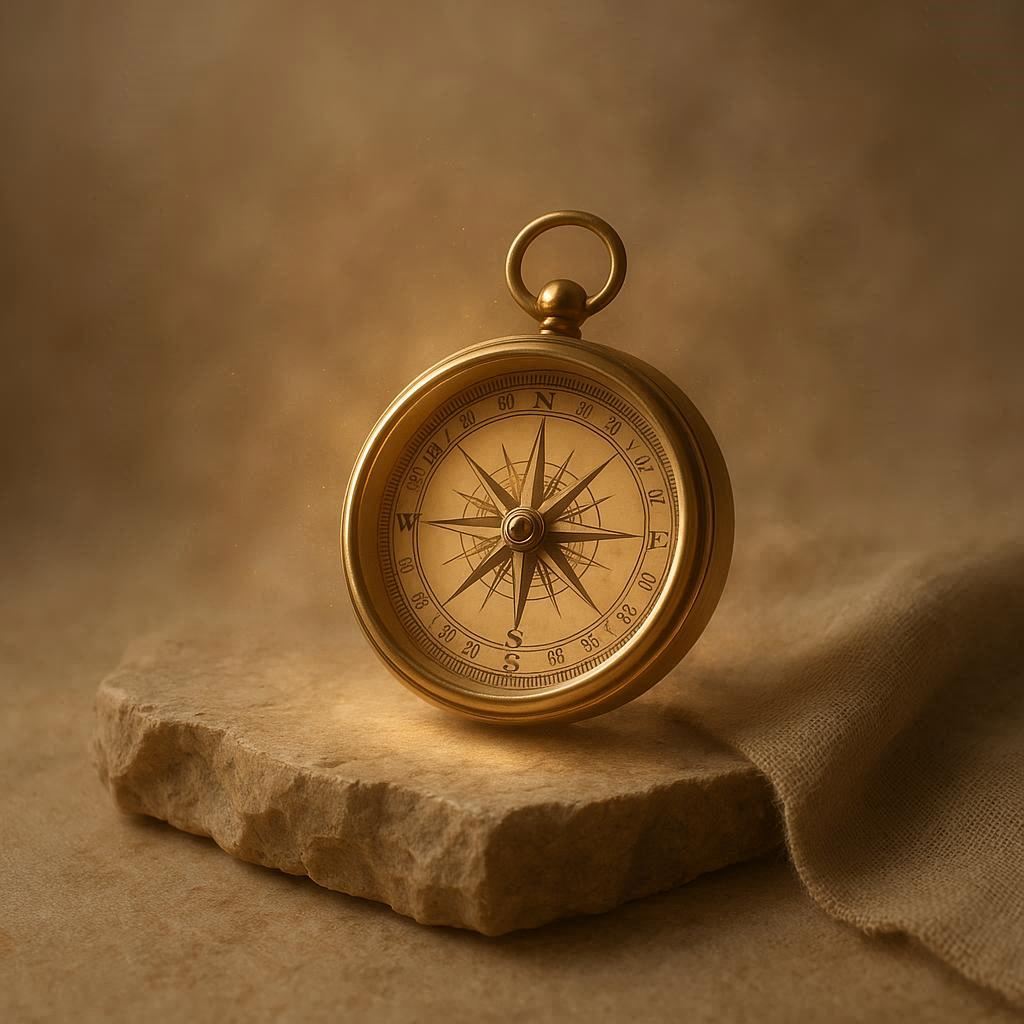 A golden compass bathed in soft light, symbolising inner guidance and the journey of self-discovery.