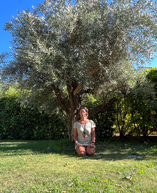 Seated cross-legged under an olive tree